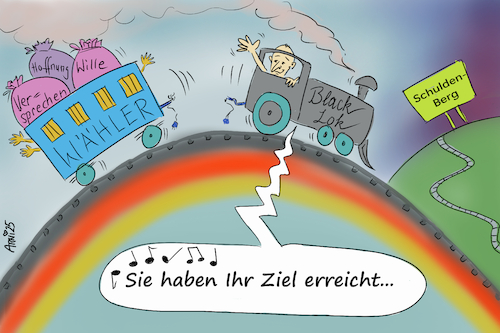 Cartoon: Sie haben Ihr Ziel erreicht... (medium) by Arni tagged friedrich,merz,regierung,wahl,wahlversprechen,versprechen,wille,wähler,abgekoppelt,eigenmächtig,macht,kanzler,kandidat,koalition,opposition,hoffnung,stirbt,hügel,insel,deutschland,rot,gold,schwarz,lokomotive,zug,abgefahren,schuld,schulden,berg,zinsen,milliarden,paket,rüstung,grüne,spd,cdu,csu,hubert,aiwanger,söder,bundestag,afd,linke,gericht