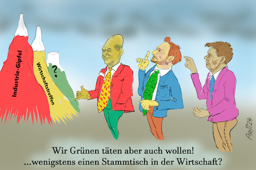 Cartoon: unbegrünter Ampelgipfel (medium) by Arni tagged grün,gelb,rot,ampel,stammtisch,gipfel,wirtschaft,industrie,habeck,lindner,baerbock,scholz,olaf,konjunktur,treffen,länder