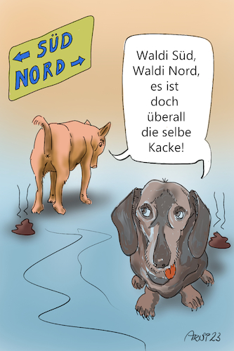 Cartoon: Waldi Süd oder Waldi Nord? (medium) by Arni tagged hund,hunde,waldi,süd,nord,einkaufen,kacke,kacken,mist