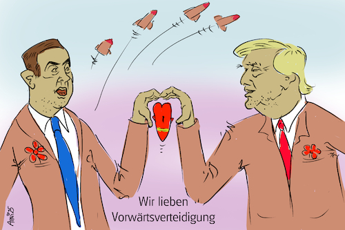 Cartoon: Wir lieben Vorwärtsverteidigung (medium) by Arni tagged donald,trump,usa,benjamin,netanjahu,krieg,angriff,verteidigung,vorwärts,vergeltung,auge,einig,donald,trump,usa,benjamin,netanjahu,krieg,angriff,verteidigung,vorwärts,vergeltung,auge,einig