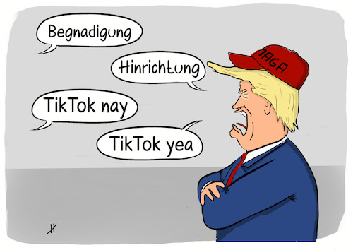 Cartoon: Täglich Gegenteiltag (medium) by Gabi Horvath tagged trump,hinrichtung,begnadigung,usa,tiktok,erlauben,verbieten