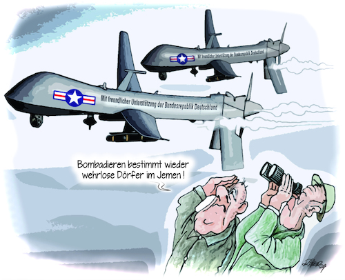 Cartoon: Air Base Ramstein im Drohnenkrie (medium) by Ritter-Cartoons tagged usa,krieg,air,base,ramstein,drohnenkrieg,bomben,jemen,usa,krieg,air,base,ramstein,drohnenkrieg,bomben,jemen