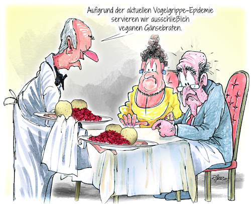 Cartoon: Vogelgrippe (medium) by Ritter-Cartoons tagged gastronomie,veganer,herbst,gänsebraten,ritter,cartoons,pressekarikatur,berthold,karikatur,pressezeichnung,gastronomie,veganer,herbst,gänsebraten,ritter,cartoons,pressekarikatur,berthold,karikatur,pressezeichnung