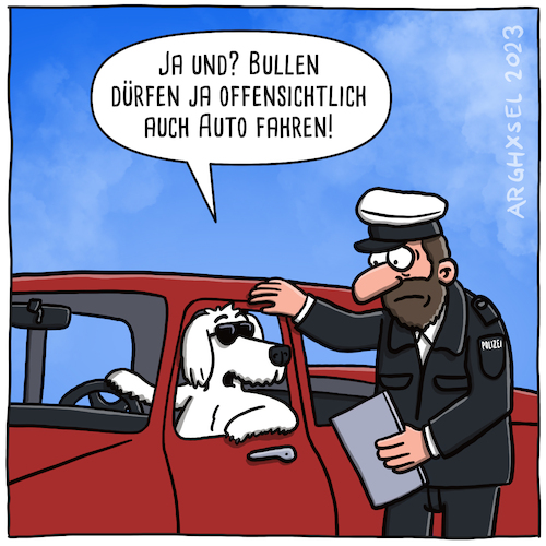 Cartoon: Hund am Steuer Bulle am Steuer (medium) by Arghxsel tagged bulle,polizist,hund,auto,fahrerlaubnis,führerschein,am,steuer