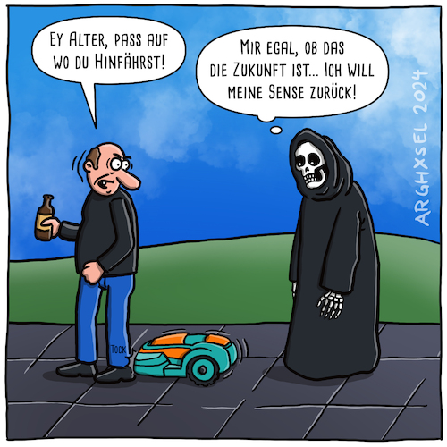 Cartoon: Rasenmährobotermann (medium) by Arghxsel tagged sensenmann,tod,leben,ende,aus,grab,friedhof,begräbnis,beerdigung,leiche,licht,styx,hölle,himmel,jenseits,rasenmährobotermann,sensenmann,tod,leben,ende,aus,grab,friedhof,begräbnis,beerdigung,leiche,licht,styx,hölle,himmel,jenseits,rasenmährobotermann