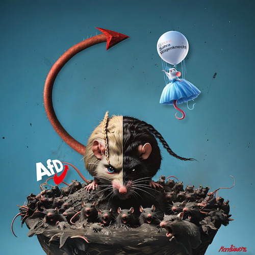 Cartoon: Links-Rechts-Schwäche (medium) by MorituruS tagged afd,bsw,brandmauer,links,rechts,koalition,gespräche,sahra,wagenknecht,alice,weidel,treffen,lügenkanzler,landesverbände,thüringen,national,sozialistisch,opposition,stärkste,kraft,freiheit,demokratie,autokratie,beschädigung,brandtiftung,rechtspopulismus,cartoon,karikatur,moriturus