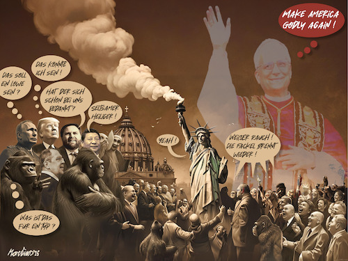 Cartoon: Make America Godly Again . . . (medium) by MorituruS tagged neuer,papst,leo,xiv,reformer,weltbürger,pragmatiker,kardinal,usa,robert,prevost,reformorientiert,mittler,katholische,kirche,weißer,rauch,pontifex,us,amerikaner,einigung,donald,trump,weltfrieden,ukraine,gaza,sudan,pakistan,indien,frieden,freiheit,demokratie,synode,cartoon,karikatur,moriturus