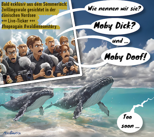 Cartoon: Moby Dick und Moby Doof (medium) by MorituruS tagged sommerloch,wal,rettung,buckelwal,timmy,debattenkultur,hashtag,hope,rettungsmission,journalismus,ereiferung,influencer,aktivisten,hobbyexperten,hypermoralisierung,unmwelt,klimawandel,tierwelt,ostsee,ostseeinsel,poel,gestrandet,sandbank,untiefe,bucht,insel,rettungsaktion,drohnenbilder,medienhype,medienrummel,hysterie,sentimentalität,luftkissen,peilsenderzuschauertribüne,cartoon,karikatur,moriturus,moby