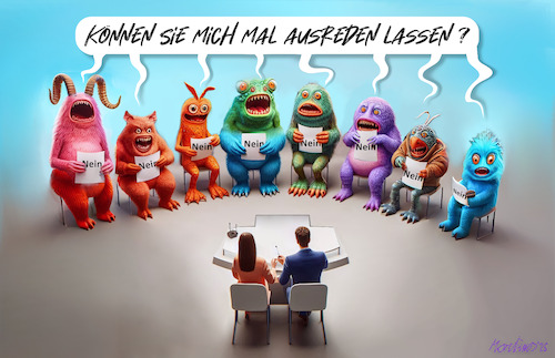 Cartoon: Schlussrunde (medium) by MorituruS tagged wahlkampfendspurt,ard,und,zdf,spitzenpolitiker,politik,bundestagswahl,parteien,themen,wahlkampf,bsw,linke,spd,grüne,fdp,cdu,csu,afd,elefantenrunde,monster,aussagen,show,fakten,unwahr,streit,faktencheckzahlen,hektisch,cartoon,karikatur,moriturus