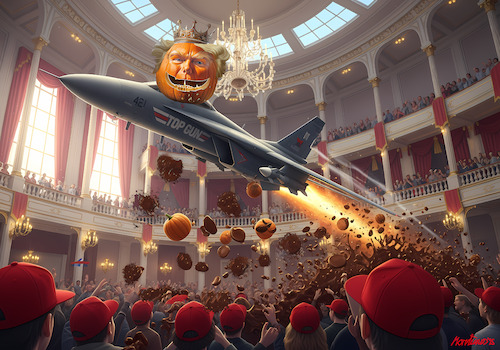 Cartoon: Trumpkin (medium) by MorituruS tagged us,präsident,donald,trump,fäkalien,kot,shit,usa,demonstranten,könig,ki,video,truth,social,faschismus,royal,humour,no,kings,städte,kenny,loggins,danger,nationalgarde,militär,autokratie,diktator,zone,halloweencartoon,karikatur,moriturus