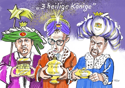 Cartoon: 3 Heilige Könige (medium) by Rudissketchbook tagged schuldenpaket,rente,500,milliarden,cdu,csu,spd