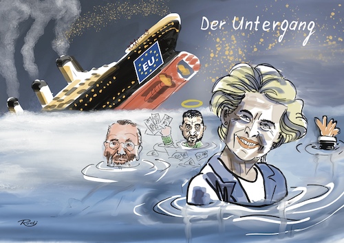 Cartoon: Der Untergang (medium) by Rudissketchbook tagged korruption,eu,milliarden,steuergeld,vetternwirtschaft,rüstung,bürokratie,diäten,krieg