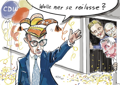 Cartoon: Karnewahl (medium) by Rudissketchbook tagged bundestagswahl,merz,afd,cdu,narren,sitzungspräsident,taktik,karneval,fasching,berlin,parteien,narrenzunft