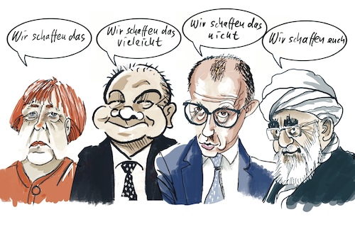 Cartoon: Wir schaffen das! (medium) by Rudissketchbook tagged merkel,scholz,merz,mullahs,kalifat,islam