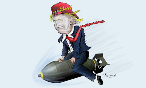 Cartoon: Peacemaker (medium) by SchmidtFineArt tagged trump,krieg,nahost,kriese,karikatur,cartoon,illustration,art,kunst,usa,amerika,iran,israel,zeichnung,demokratie,gesellschaft,politik,politiker,wirtschaft,humor