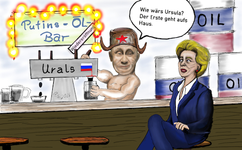 Cartoon: Putins-Öl-Bar (medium) by SchmidtFineArt tagged putin,trump,usa,amerika,kriese,öl,oil,krieg,cartoon,karikatur,art,kunst,wirtschaft,demokratie,parteien,politik,politiker,russland,iran