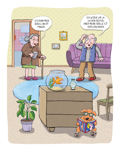 Cartoon: Durchblick (medium) by Rebecca-Meyer tagged goldfischglas,gebiss,goldfisch,hund,brille,pornoheft,senioren,frau,mann,wohnzimmer,verwechslung,alltag,komik,skurrilität,missverständnis,tierverhalten,menschlichkeit,pointe,dialog,cartoon,goldfischglas,gebiss,goldfisch,hund,brille,pornoheft,senioren,frau,mann,wohnzimmer,verwechslung,alltag,komik,skurrilität,missverständnis,tierverhalten,menschlichkeit,pointe,dialog,cartoon