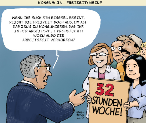 Cartoon: Arbeiten und konsumieren (medium) by Karl Berger tagged arbeit,arbeitszeitverkürzung,konsum,lohn