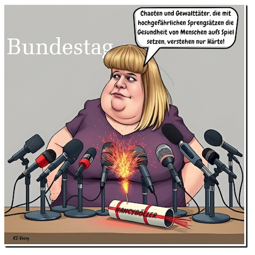 Cartoon: Der Nancy-Böller (medium) by A Human tagged böllerverbot,feuerwerk,sylvester,berlin,deutschland,bomben,sprengsätze,faeser,spd,innenministerin,gesetze,strafe,strafgesetzbuch,böllern,sylvesternacht,feuwerwerkskörper,polenböller,polizei,feuerwehr,böllerverbot,feuerwerk,sylvester,berlin,deutschland,bomben,sprengsätze,faeser