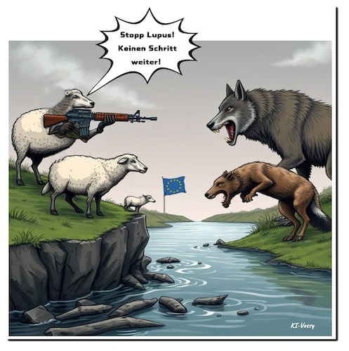 Cartoon: Der Problemwolf (medium) by A Human tagged wolf,wölfe,tierschutz,eu,deutschland,abschuss,wwf,schafe,nutztiere,geschützt,europa,flinte,lupus,wolf,wölfe,tierschutz,eu,deutschland,abschuss,wwf,schafe,nutztiere,geschützt,europa,flinte