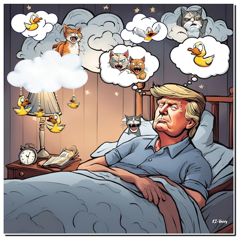 Cartoon: Dream on! (medium) by A Human tagged harris,trump,elections,usa,tvdebate,philadelphia,washington,president,dream,nightmare,swingstae,voters,abc,meow,quack,cartoon,karikatur,harris,trump,elections,usa,tvdebate,philadelphia,washington,president,dream,nightmare,swingstae,voters,abc