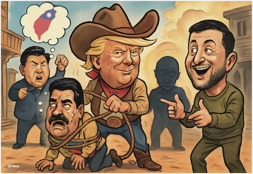 Cartoon: High Noon Aftermath (medium) by KI-Vossy tagged usa,us,government,trump,potus,venezuela,maduro,president,china,state,russia,country,sovereign,mexico,military,action,violation,united,nations,charter,ukraine,zelensky,taiwan,attacke,staat,russland,putin,prräsident,xi,jinping,mexiko,vereinte,nationen,präsident,selenskyi,angriff,festnahme,arrest,usa,us,government,trump,potus,venezuela,maduro,president,china,state,russia,country,sovereign,mexico,military,action,violation,united,nations,charter,ukraine,zelensky,taiwan,attacke,staat,russland,putin,prräsident,xi,jinping,mexiko,vereinte,nationen,präsident,selenskyi,angriff,festnahme,arrest