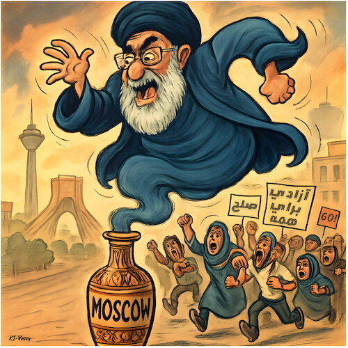 Cartoon: Iranian message in a bottle (medium) by KI-Vossy tagged iran,ayatollah,mullah,khamenei,chamenei,russia,putin,genie,protest,protests,teheran,eu,comission,leyen,violence,trump,potus,military,strikes,flucht,fluchtpläne,ajatollah,proteste,russland,moskau,moscow,aktivisten,militär,iran,ayatollah,mullah,khamenei,chamenei,russia,putin,genie,protest,protests,teheran,eu,comission,leyen,violence,trump,potus,military,strikes,flucht,fluchtpläne,ajatollah,proteste,russland,moskau,moscow,aktivisten,militär