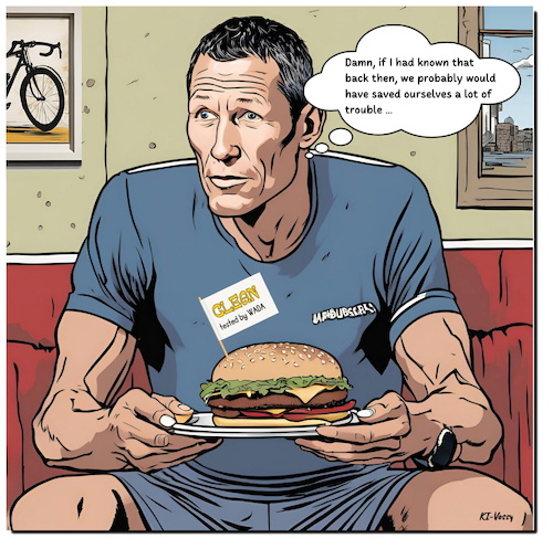 Cartoon: The Lanceburger (medium) by A Human tagged doping,burger,hamburger,wada,radsport,lance,armstrong,lanceamrmstrong,tourdefrance,tdf,cycling,usa