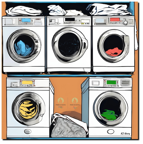 Cartoon: Olympischer Waschsalon (medium) by A Human tagged olympiade,macron,paris,frankreich,sport,sommerspiele,waschsalon,waschmaschine