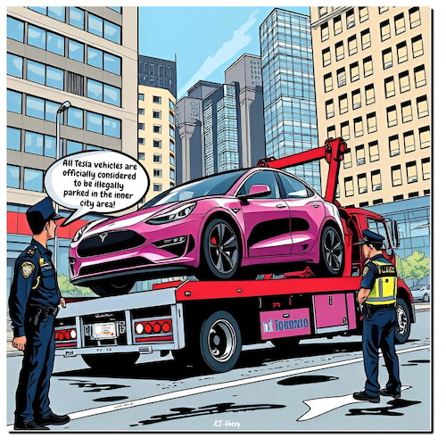 Cartoon: Toronto Tesla Tow (medium) by A Human tagged toronto,tesla,tow,symbolic,usa,trump,musk,trade,discounts,zeroemission,canada,kanada,toronto,tesla,tow,symbolic,usa,trump,musk,trade,discounts,zeroemission,canada,kanada