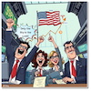 Cartoon: Trumpmania at NYSE (small) by A Human tagged nyse,trump,shares,aktien,sp500,wallstreet,zölle,duties,musk,dollar,tesla,stockmarket,bitcoin,tmtg,geogroup