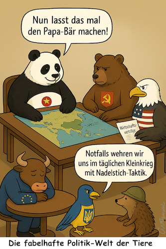 Cartoon: Als tierisch gefährlich enttarnt (medium) by ArtyFicial tagged china,usa,russland,ukraine,eu,europa,pandabär,russischer,bär,american,eagle,amerikanischer,adler,stier,tryzub,falke,igel,weltkarte,aufteilung,taiwan
