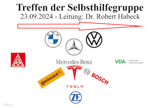 Cartoon: Autogipfel (medium) by ArtyFicial tagged auto,gipfel,bmwi,bundeswirtschaftsminister,habeck,bmw,mercedes,benz,vw,tesla,vda,igmetall,bosch,conti,zf