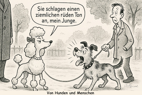Cartoon: Begegnet einem täglich (medium) by ArtyFicial tagged hund,hunde,mensch,menschen,rüde,ton,flirten,aggression,hochnäsigkeit,eitelkeit,narzissmuss