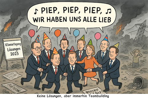 Cartoon: Brückenbau in Würzburg (medium) by ArtyFicial tagged würzburg,brückenbau,brücken,bauen,vertrauen,schaffenklausurtagung,fraktionen,bundestag,cdu,csu,spd,spitzen,spahn,miersch,hoffmann,zwischenmenschlichkeit