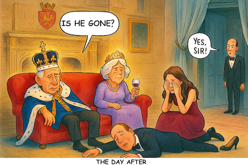 Cartoon: Done after Donny is gone (medium) by ArtyFicial tagged uk,usa,trump,royals,charles,camilla,william,kate,statevisit,visit,london,windsor,castle,done,well,butler,king,country,duty,ich,dien