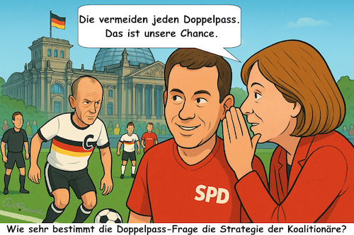 Doppelpass (medium) Cartoon: Doppelpass (medium) by ArtyFicial tagged deutschland,staatsbürgerschaft,pass,reisepass,doppelt,union,cdu,csu,merz,babendererde,mayer,spd,koalition,klingbeil,bas,fußball,reichstag,spiel,strategie,taktik