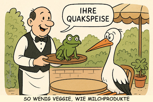 Cartoon: Empfehlung des Hauses (medium) by ArtyFicial tagged vegan,veganer,storch,kellern,gartenrestaurant,gartenlokal,garen,restaurant,lokal,hals,frosch,quak,quark