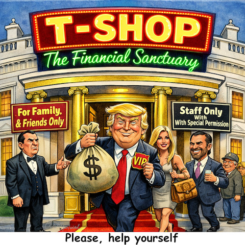 Cartoon: Everything is a deal (medium) by ArtyFicial tagged usa,president,potus,white,house,trump,family,friends,staff,loyals,self,service,financial,sanctuary