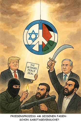 Cartoon: Extrem fragil (medium) by ArtyFicial tagged nahost,palästina,israel,iran,usa,ägypten,katar,türkei,konflikt,frieden,waffenstillstand,krieg,saboteure,hinrichtungen,erschießungen,hamas,terror,terrorismus
