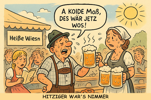 Cartoon: Hitzige Eröffnung (medium) by ArtyFicial tagged münchen,wiesn,oktoberfest,2025,rekordtemperaturen,hitze,hitzerekord,wärme,sonne,schwitzen,temperaturen,notarzt,einsätze,sanitäter,kreislaufprobleme,bier,maß,maßkrug,liter,service,bedienung,gäste,spätsommer,september,beginn,anfang,start