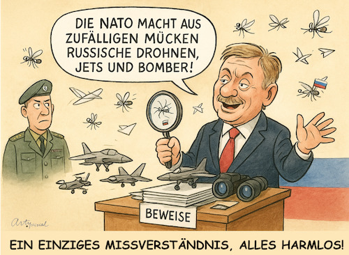 Cartoon: Kreml Schwurbler (medium) by ArtyFicial tagged russland,luftraumverletzungen,bomber,drohnen,jets,kreml,sprecher,peskow,mücken,missverständnis,völkerrecht,harmlos