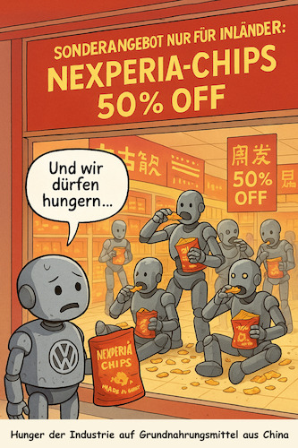 Cartoon: N-ew-experience (medium) by ArtyFicial tagged china,nexperience,chips,basis,basic,einfach,waffe,export,handel,trade,autobauer,ware,notwendig,technologie,massenmarkt,abhängigkeit,globalisierung,lieferketten,interdependenzen,wirkungen,handelskrieg