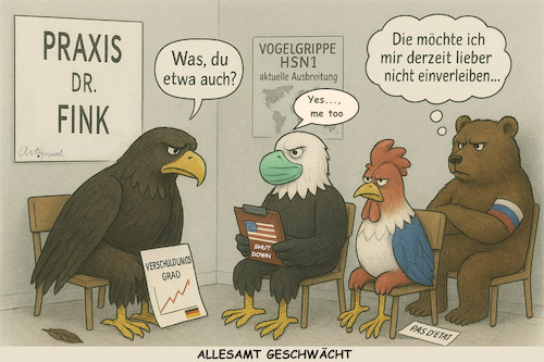 Vogelgrippe international (medium) Cartoon: Vogelgrippe international (medium) by ArtyFicial tagged vogelgrippe,finanzschwäche,immunsystem,bundesadler,weißkopfseeadler,us,eagle,gallischer,hahn,russischer,bär