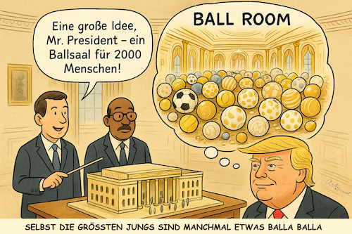 Cartoon: Weißes Rauschen mit Golddekor (medium) by ArtyFicial tagged usa,trump,weißes,haus,white,house,east,wing,ostflügel,first,ladies,office,ballsaal,ballroom,abriss,konflikt,selbstherrlichkeit,genehmigungen