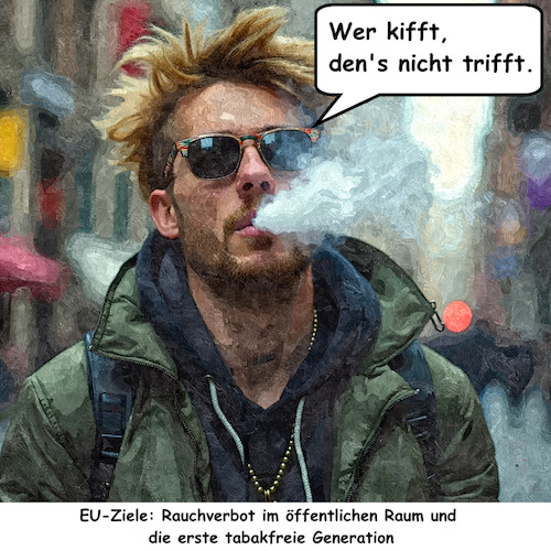 Cartoon: Wer kifft - dens nicht trifft (medium) by ArtyFicial tagged eu,europäische,union,rauchverbot,öffentlicher,raum,öffentlichkeit,tabak,ezigaretten,cannabis,kiffen