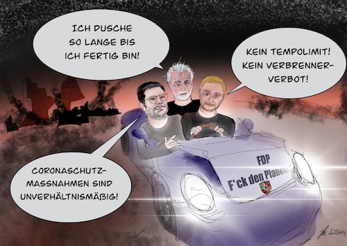 Cartoon: FDP gegen alles (medium) by Jan Kopper tagged fdp,lindner,buschmann,kubicki,tempolimit,verbrenner