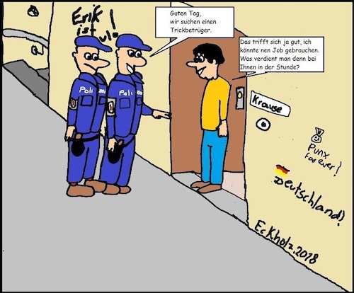 Cartoon: Trickbetrüger gesucht (medium) by SMK tagged polizisten,trickbetrüger,männer,gesellschaft,missverständnis,räuber,gendarm,kriminalität,betrüger,betrug