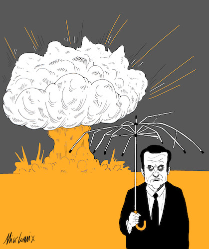 Cartoon: Macron - nuclear umbrella (medium) by Nicocomix tagged europe,union,macron,france,nuclear,umbrella,zelensky,trump,putin,war,ukraine,russia,usa,weapon,political