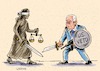 Cartoon: Justice vs. Netanyahu and the U. (small) by Ahmad Qaddura tagged netanyahu